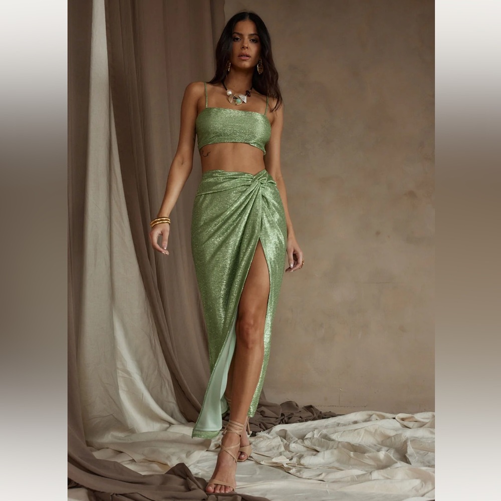12th Tribe Toulouse Metallic Sage Maxi Skirt and Crop Top Set